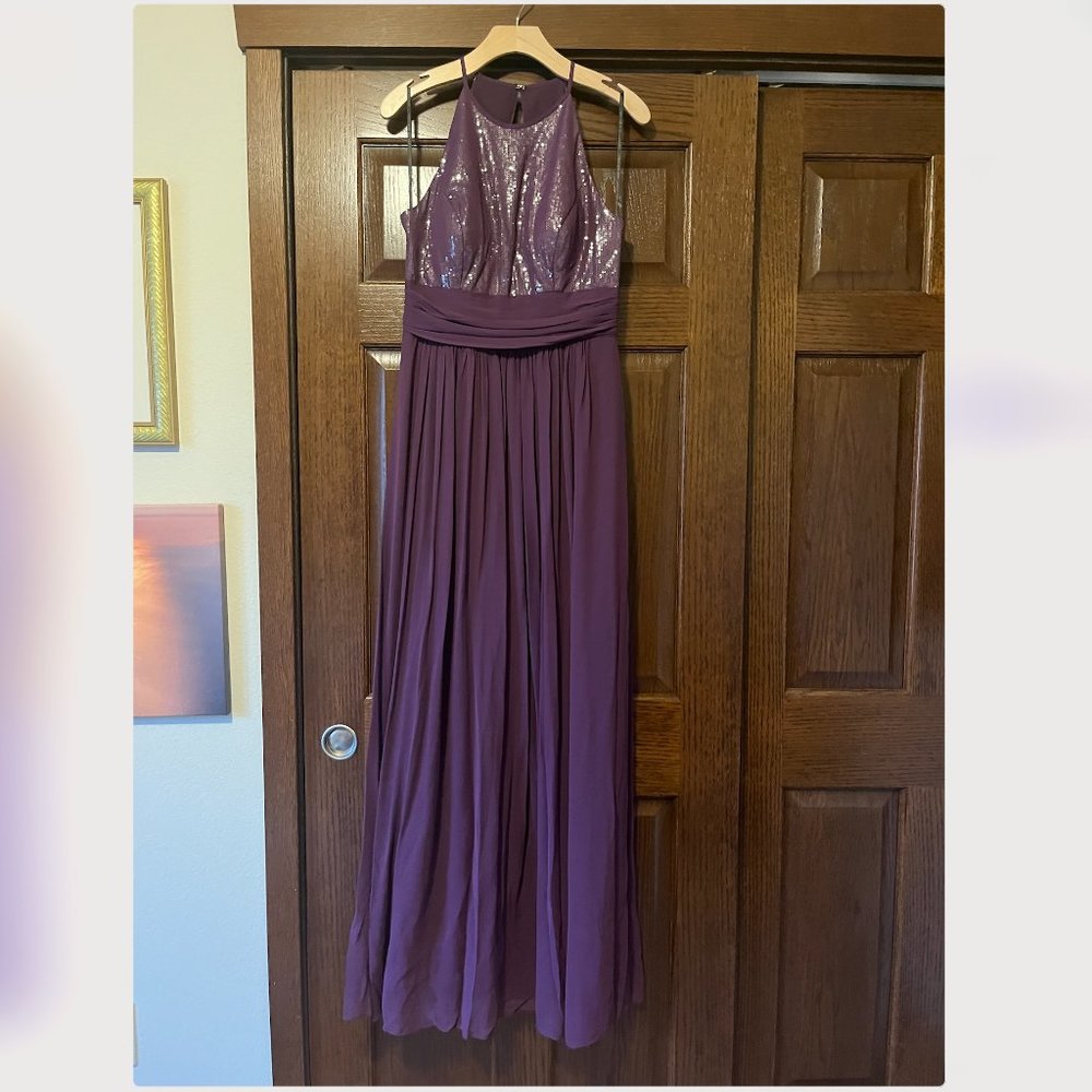 After Six, size 10, Aubergine, sequin bodice, chiffon skirt, high neck